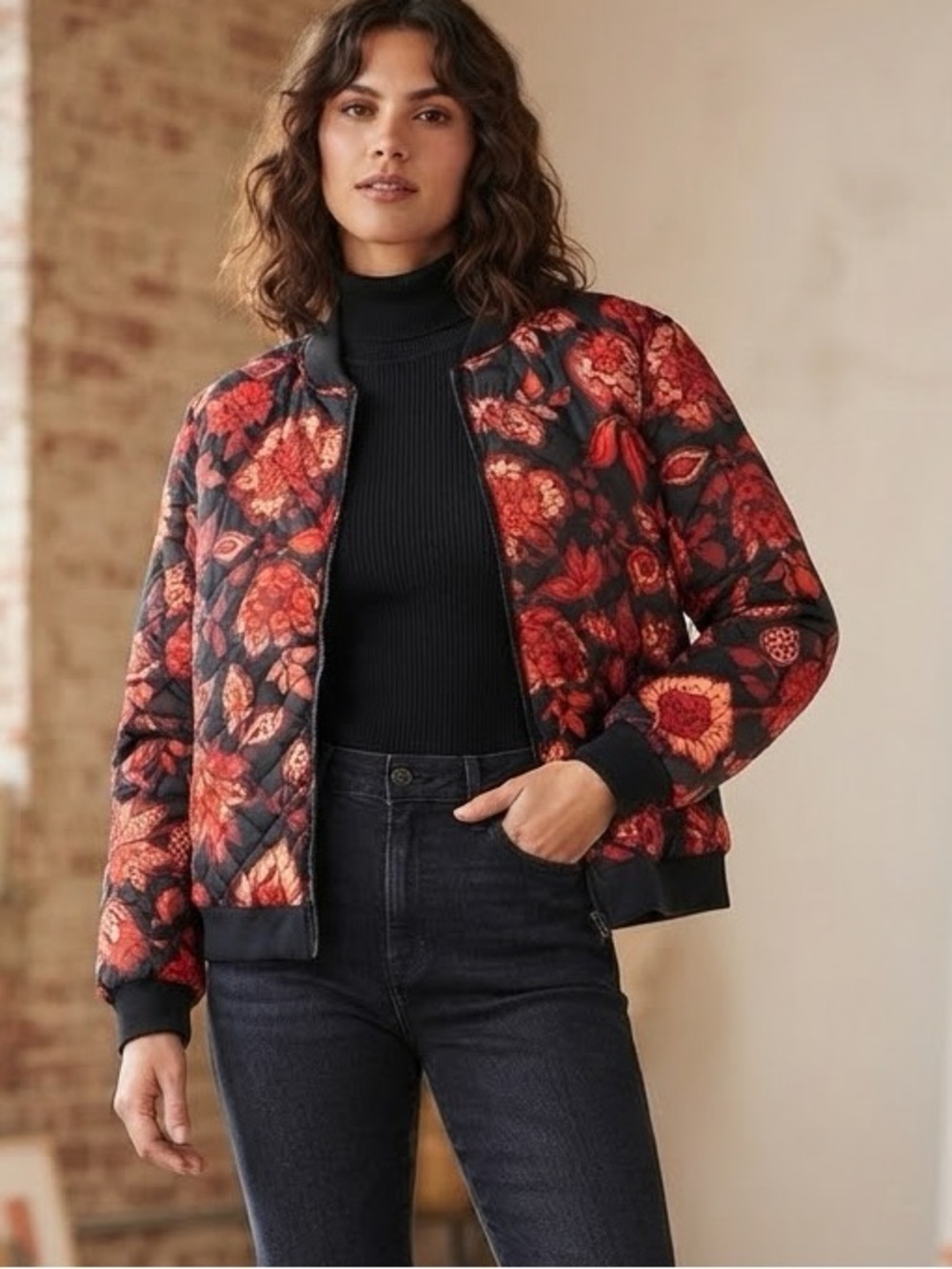 Jason Wu Quilted Floral Bomber Jacket - Red/Black